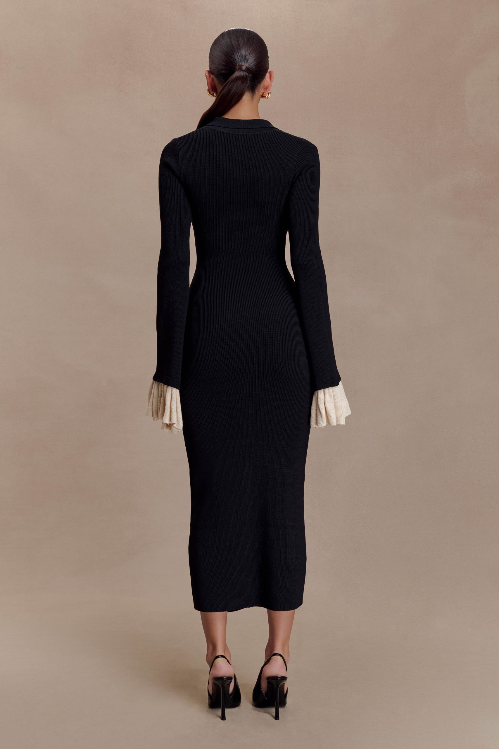 Amirose Ruffle Knit Midi Dress - Black - Image 2