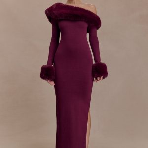 Karleigh Faux Fur Knit Maxi Dress - Plum