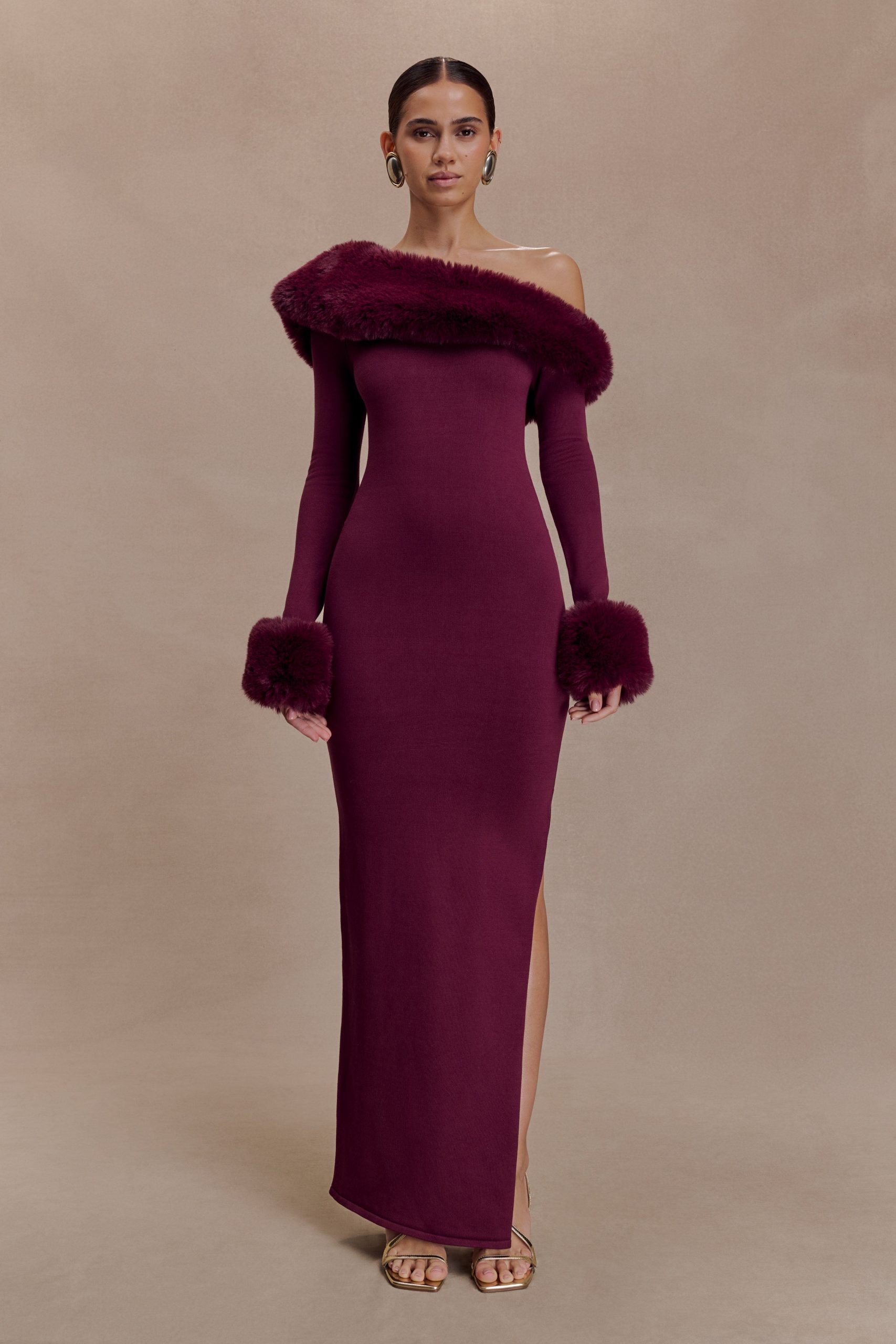 Karleigh Faux Fur Knit Maxi Dress - Plum