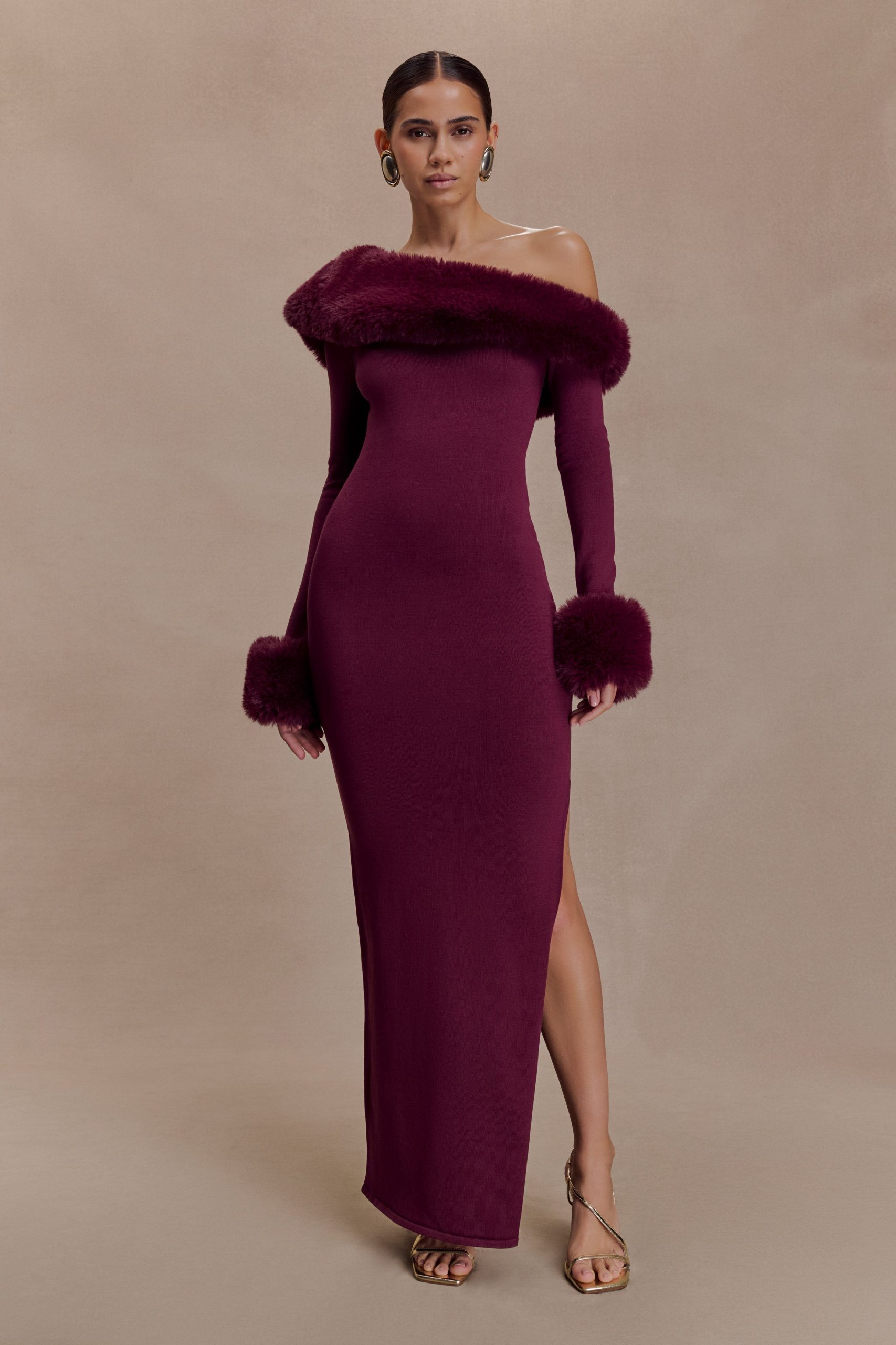 Karleigh Faux Fur Knit Maxi Dress - Plum - Image 5