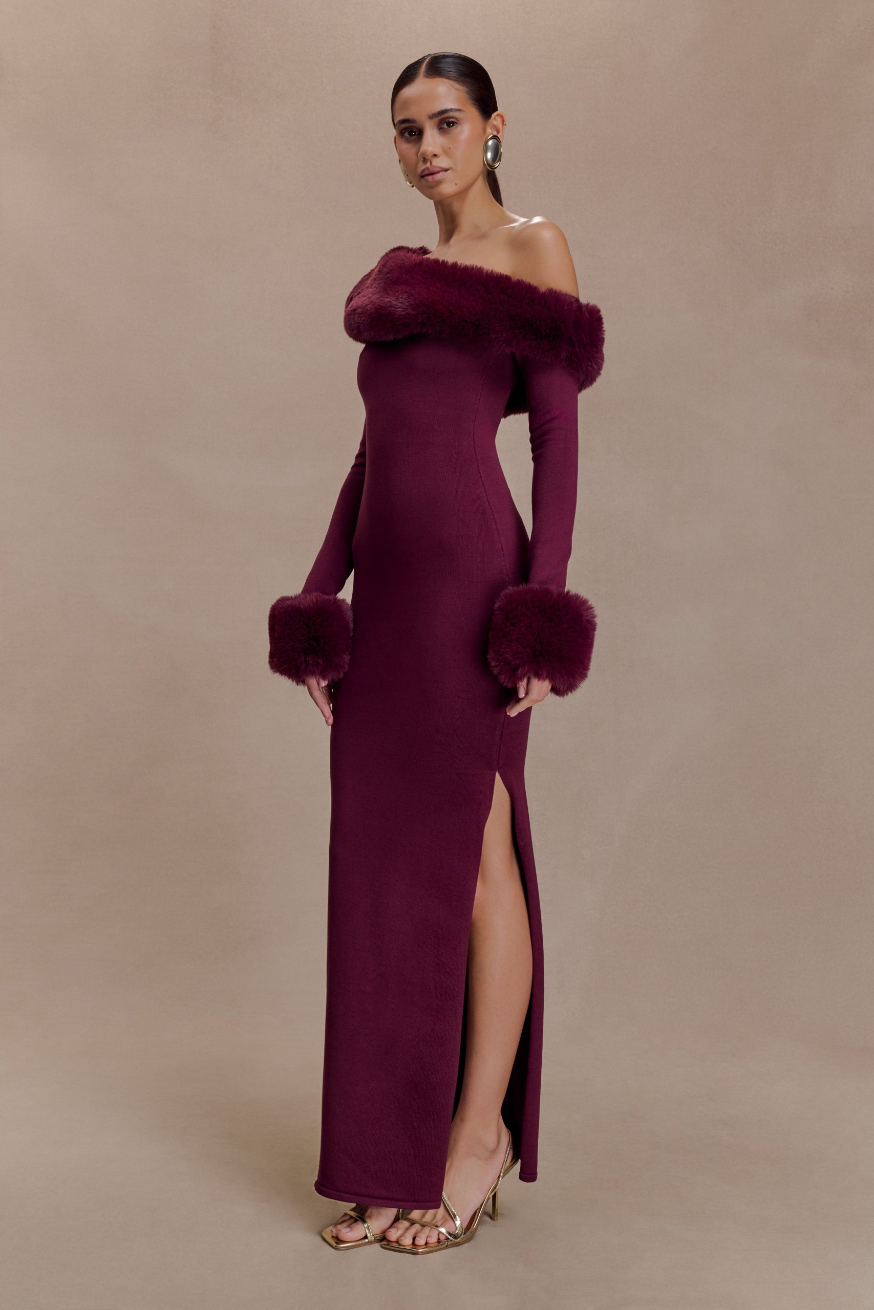 Karleigh Faux Fur Knit Maxi Dress - Plum - Image 4