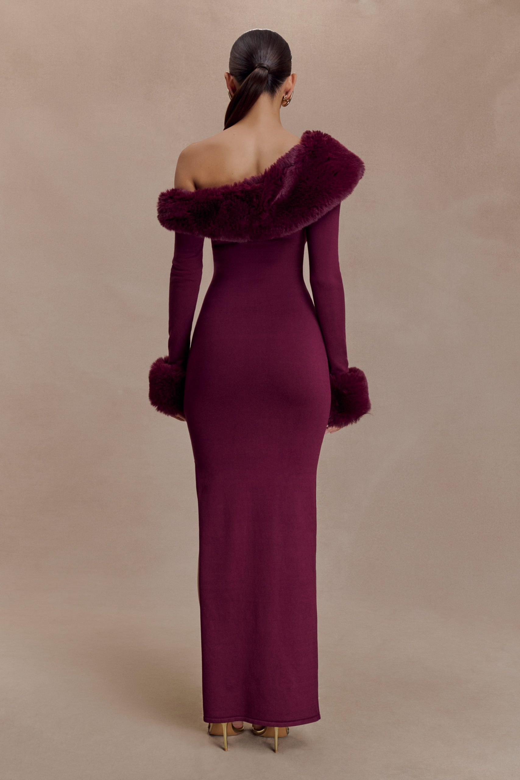 Karleigh Faux Fur Knit Maxi Dress - Plum - Image 2
