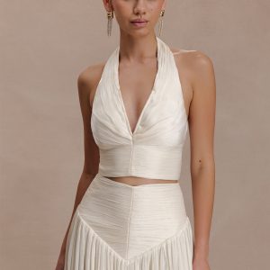 Makena Gathered V Neck Top - Opal White