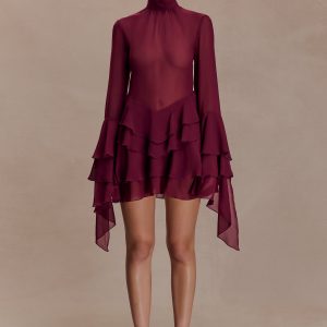 Nimah Chiffon Ruffle Mini Dress - Wine