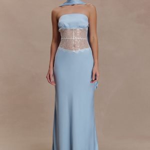 Pilar Strapless Satin And Lace Maxi Dress - Cornflower Blue