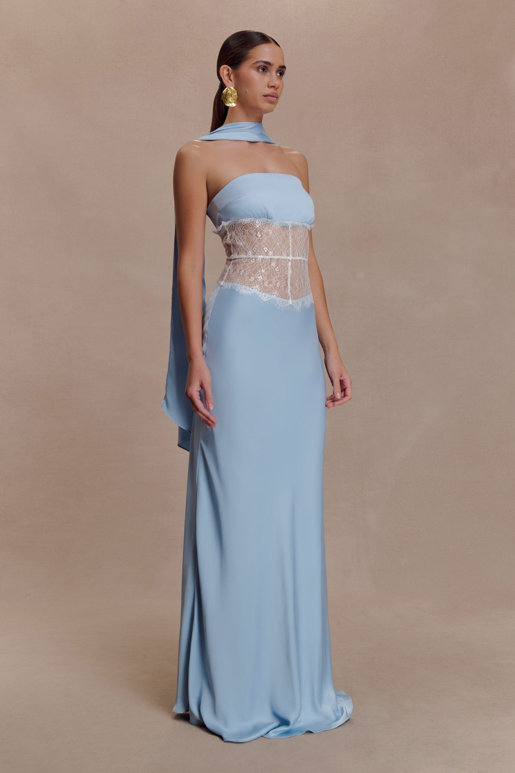 Pilar Strapless Satin And Lace Maxi Dress - Cornflower Blue - Image 2
