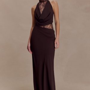 Arra Chiffon And Lace Halter Maxi Dress - Cacao Brown