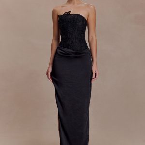 Asha Floral Mesh And Satin Maxi Dress - Black