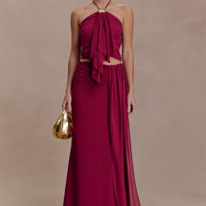 Celina Chiffon Overlay Maxi Skirt - Cherry Red