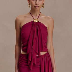 Celina Chiffon Halter Top With Hardware - Cherry Red