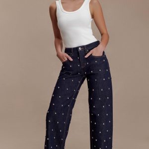 Alima Mid Rise Stud Denim Jeans - Washed Indigo Blue