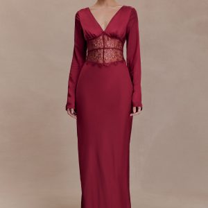 Kaya Long Sleeve Satin And Mesh Maxi Dress - Wine