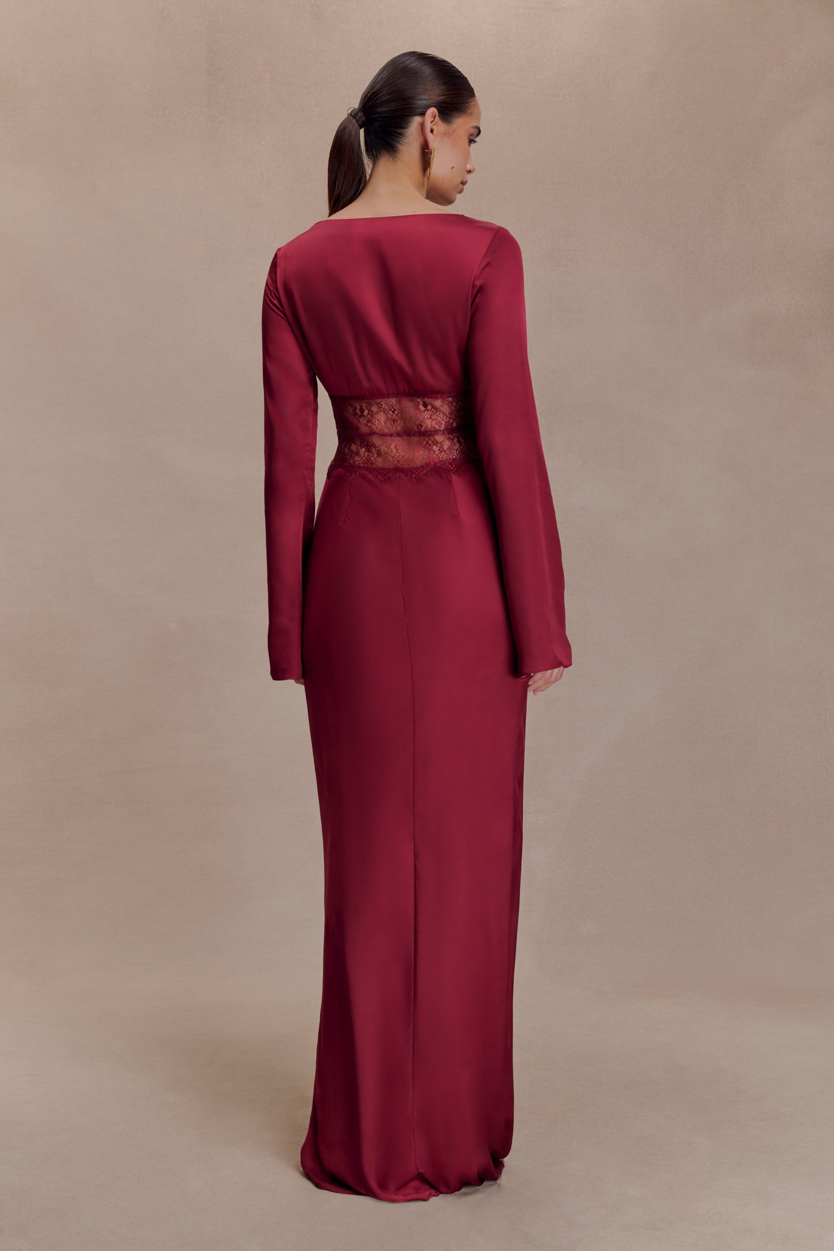 Kaya Long Sleeve Satin And Mesh Maxi Dress - Wine - Image 2