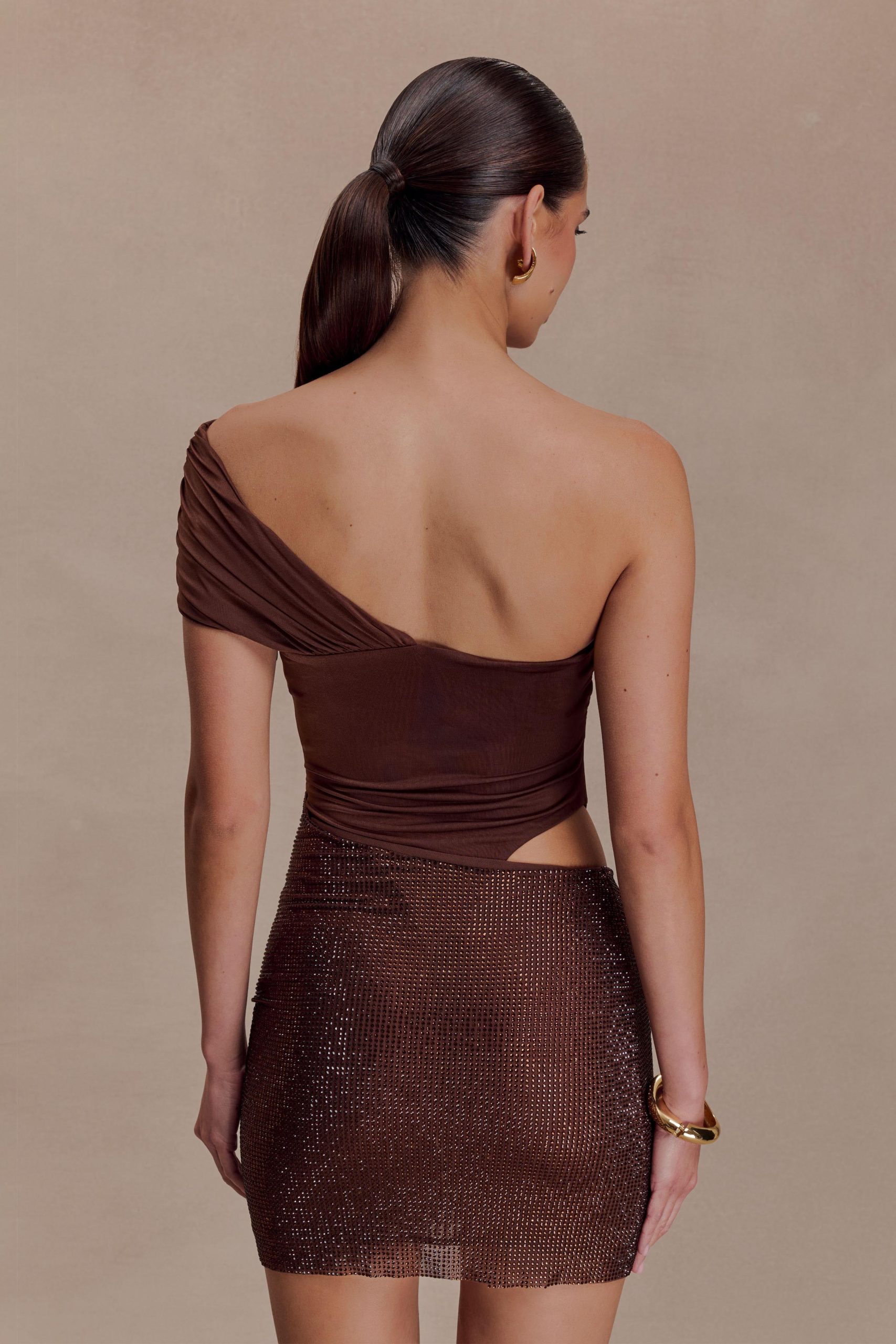 Paisley Slinky And Diamante Mini Dress - Chocolate - Image 7