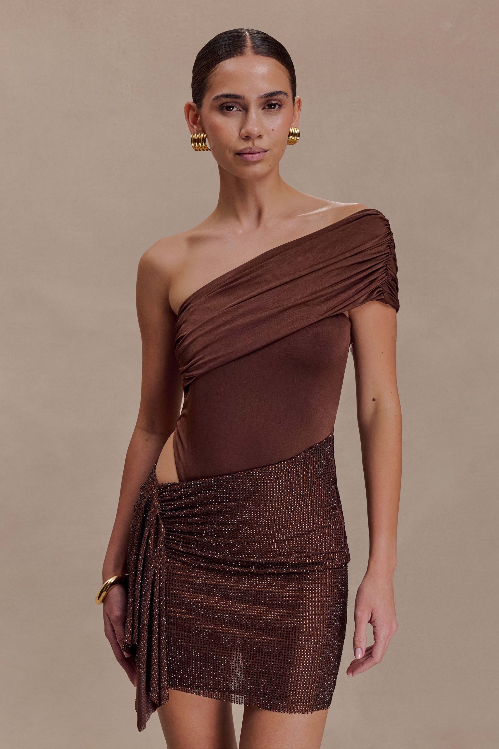 Paisley Slinky And Diamante Mini Dress - Chocolate - Image 6