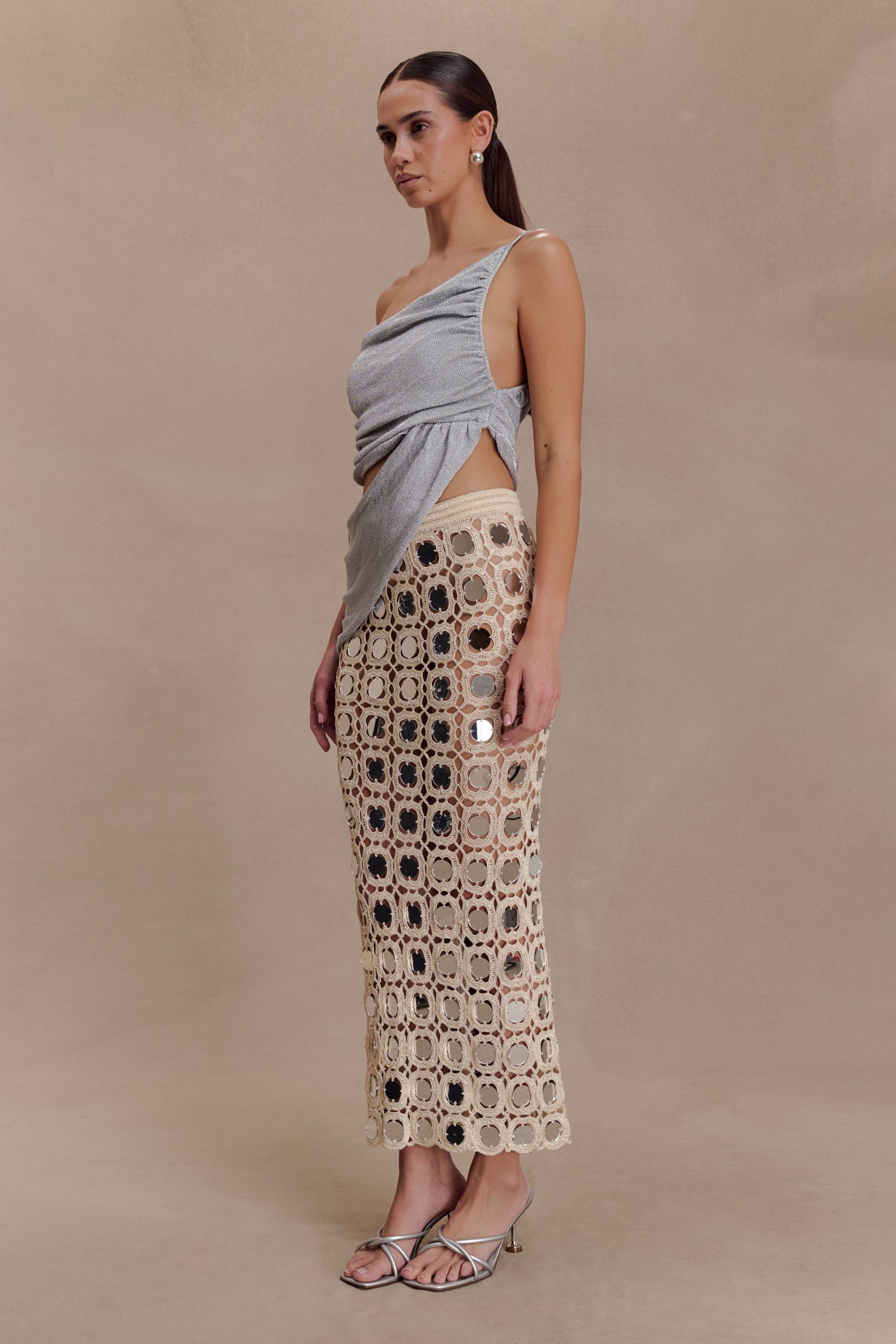 Noel Mirror Knit Midi Skirt - Beige - Image 3