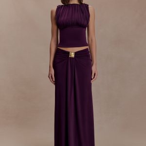 Erina Slinky Ruched Maxi Skirt With Hardware - Aubergine