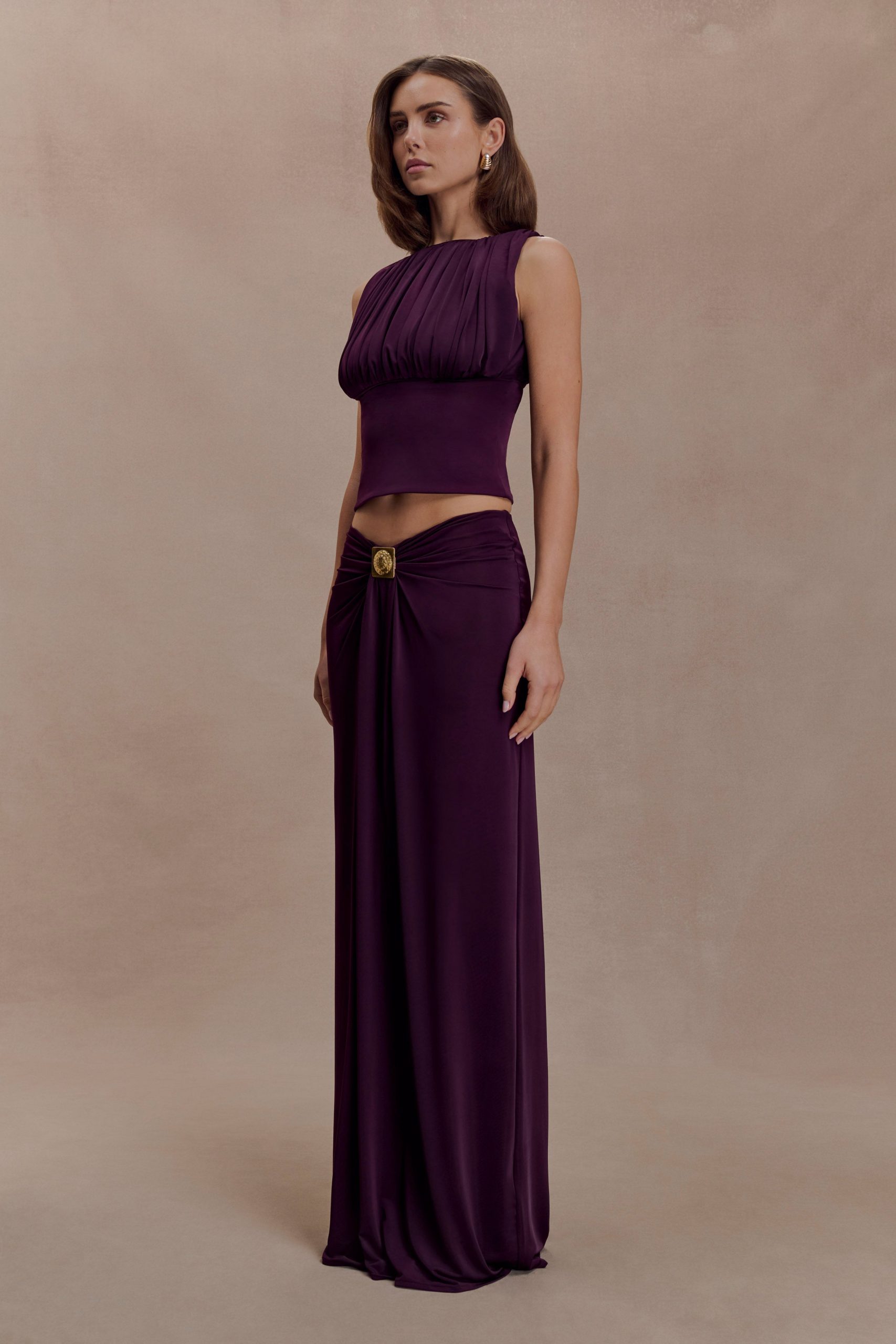 Erina Slinky Ruched Maxi Skirt With Hardware - Aubergine - Image 3