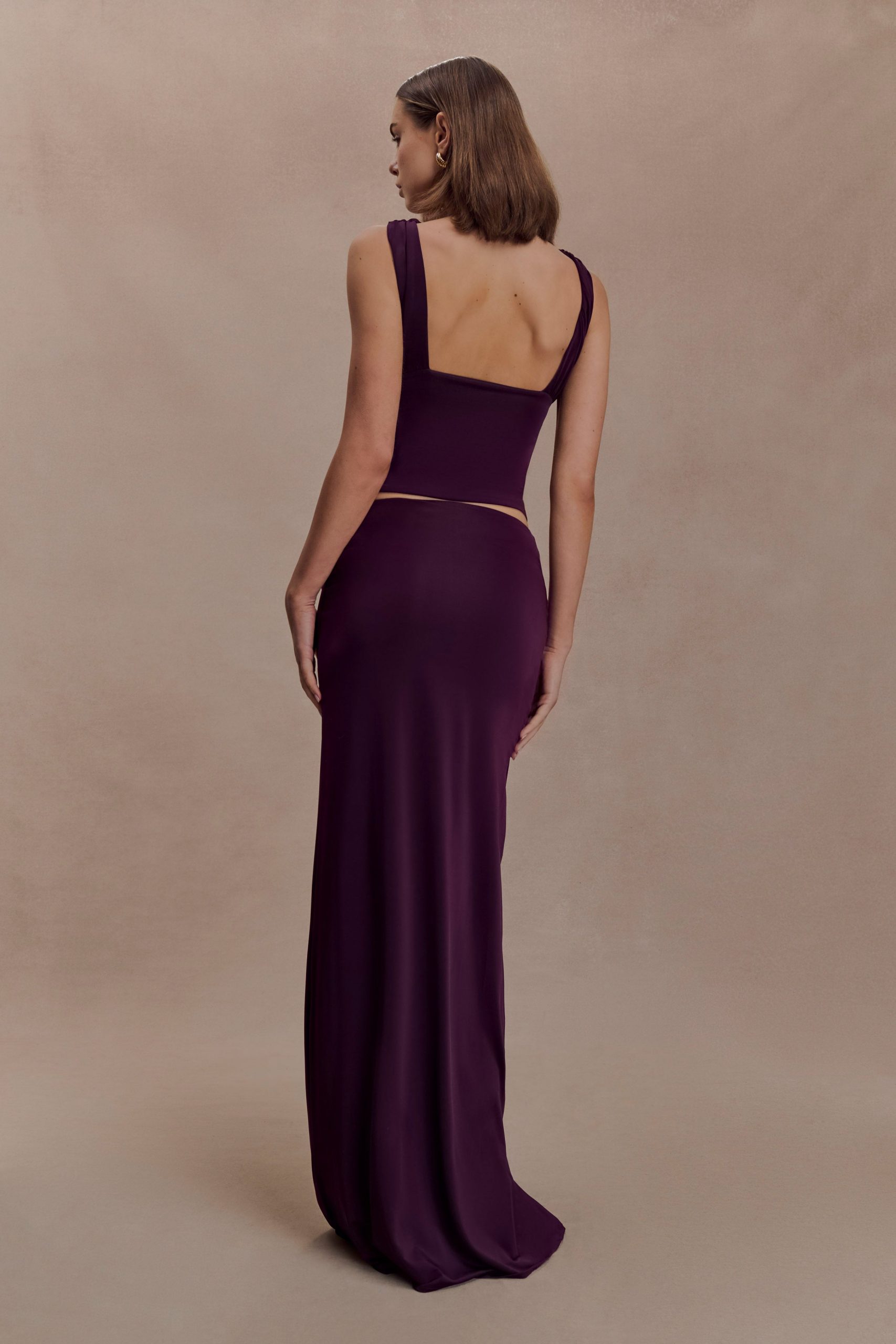 Erina Slinky Ruched Maxi Skirt With Hardware - Aubergine - Image 2