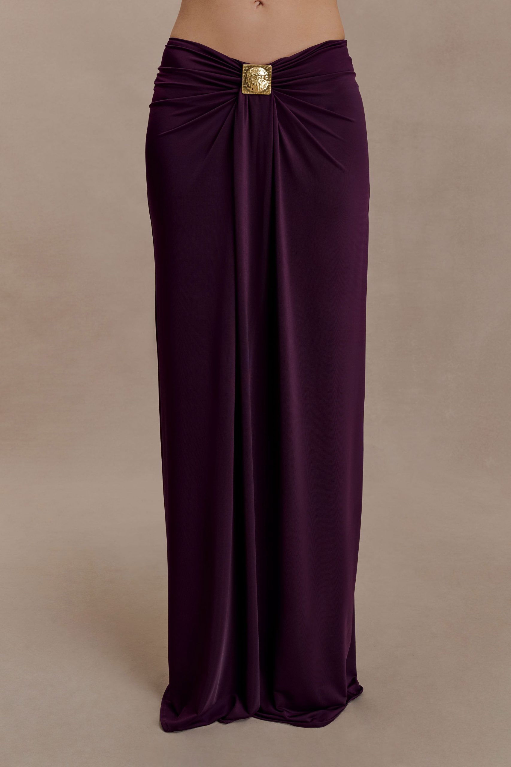 Erina Slinky Ruched Maxi Skirt With Hardware - Aubergine - Image 6