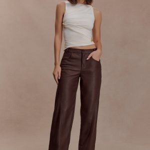 Theo Faux Leather Mid Rise Pants - Dark Chocolate