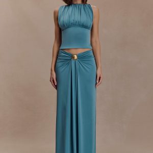Erina Slinky Ruched Maxi Skirt With Hardware - Teal