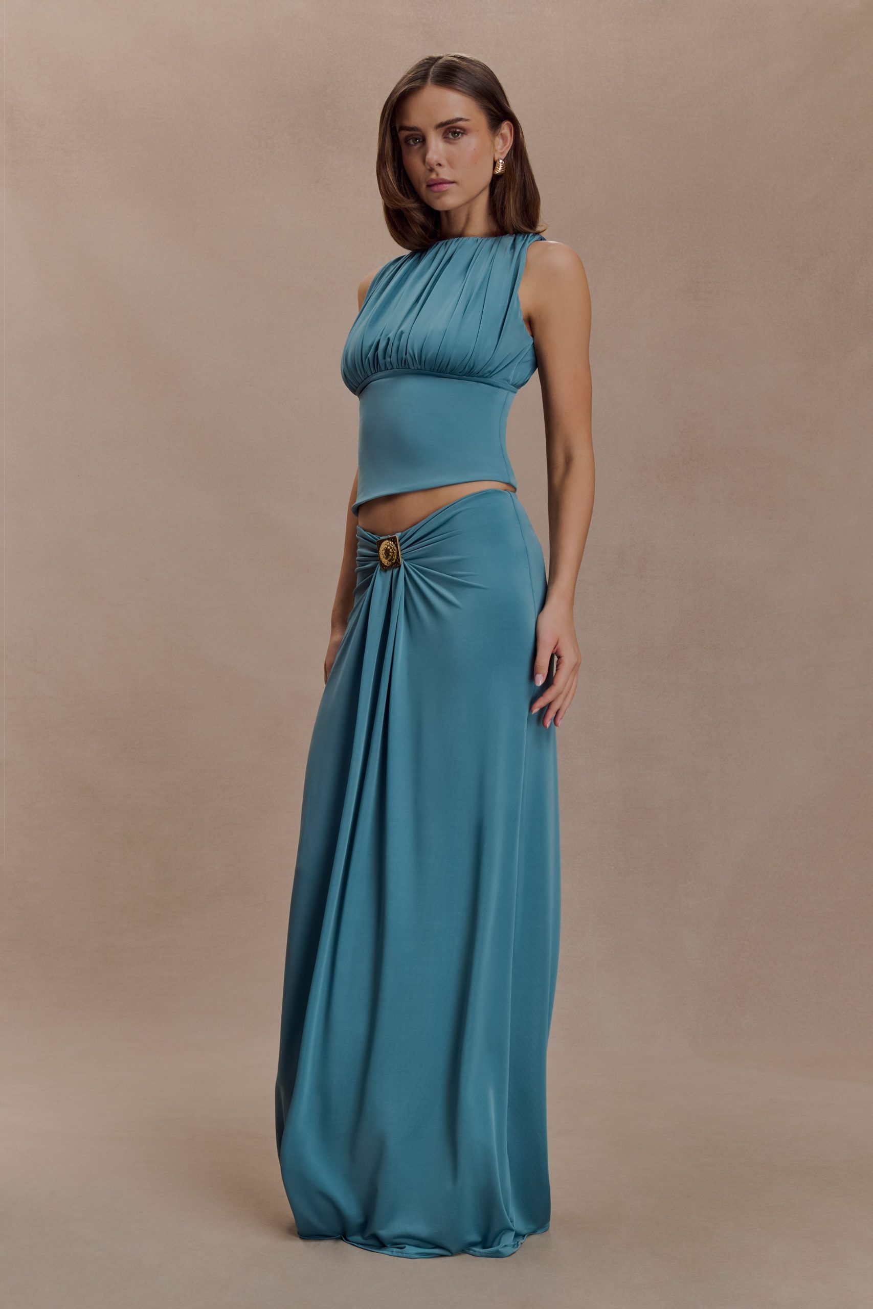 Erina Slinky Ruched Maxi Skirt With Hardware - Teal - Image 3