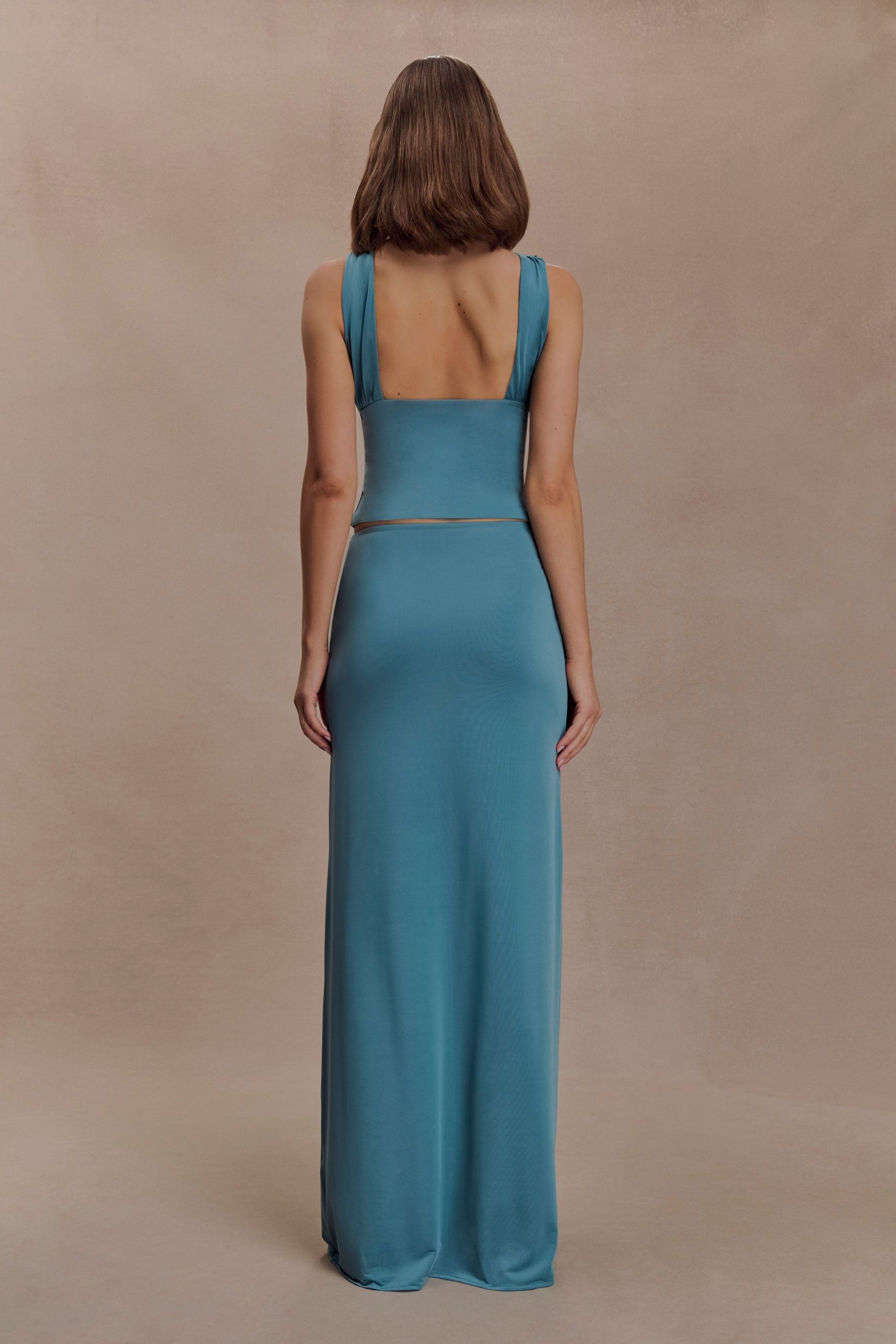 Erina Slinky Ruched Maxi Skirt With Hardware - Teal - Image 2