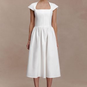 Ayla Cotton Fit And Flare Midi Dress - White