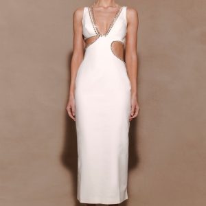 Henny Diamante Trim Cut Out Midi Dress - White