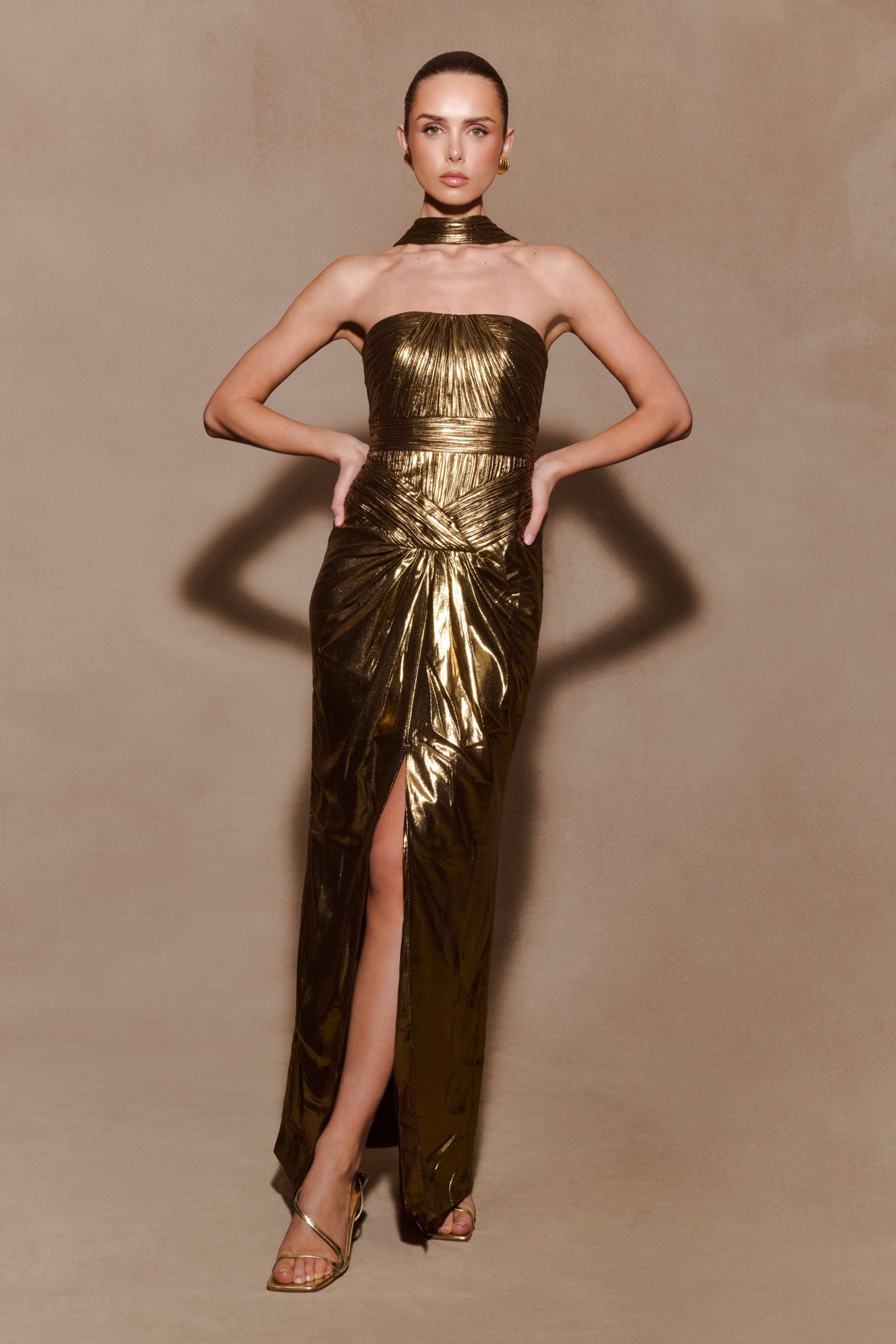 Clemence Plisse Maxi Dress - Gold - Image 3