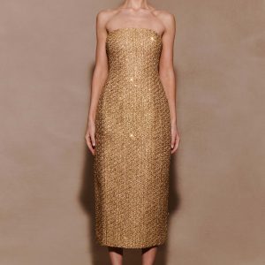 Gala Strapless Tweed Midi Dress - Gold