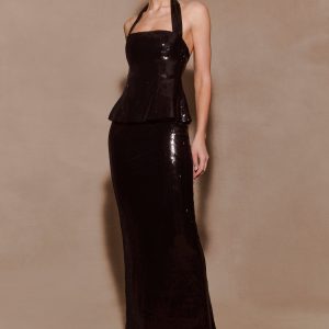 Bertie Sequin Peplum Halter Maxi Dress - Black