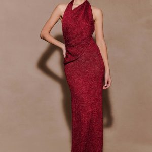 Elma Lurex Knit Halter Maxi Dress - Deep Red