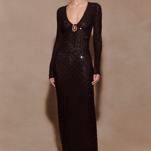 Acadia Diamante Long Sleeve Maxi Dress - Black