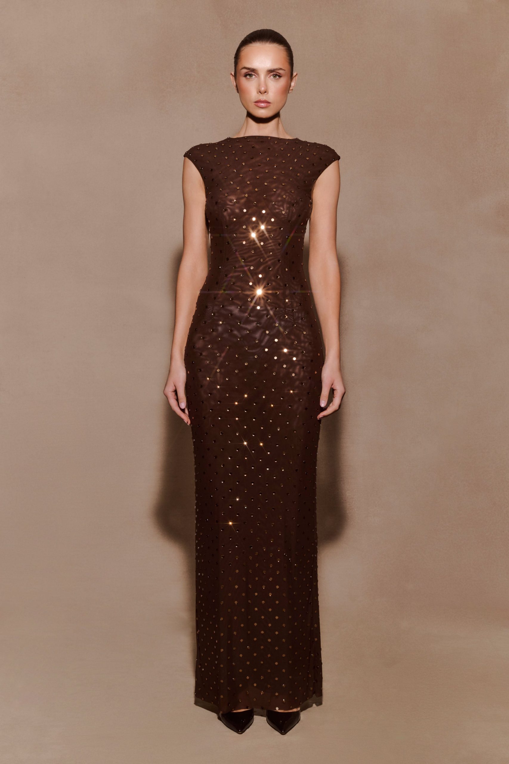 Samara Sleeveless Diamante Maxi Dress - Chocolate - Image 9