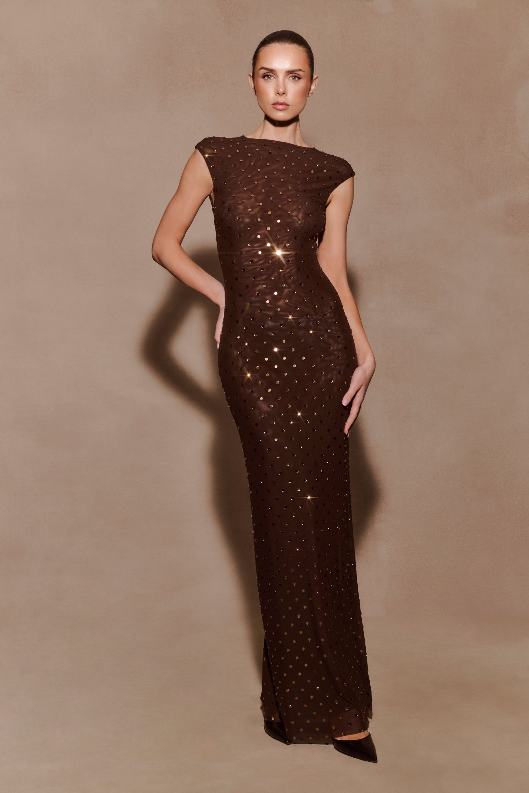 Samara Sleeveless Diamante Maxi Dress - Chocolate - Image 8