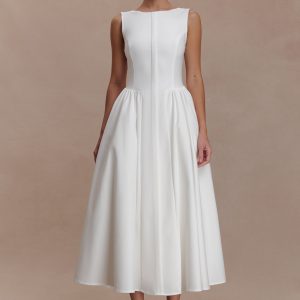 Monika Gathered Waist Cotton Midi Dress - White