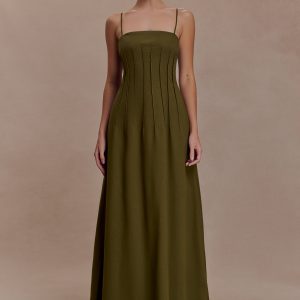 Sofie Pintuck Linen Maxi Dress - Khaki