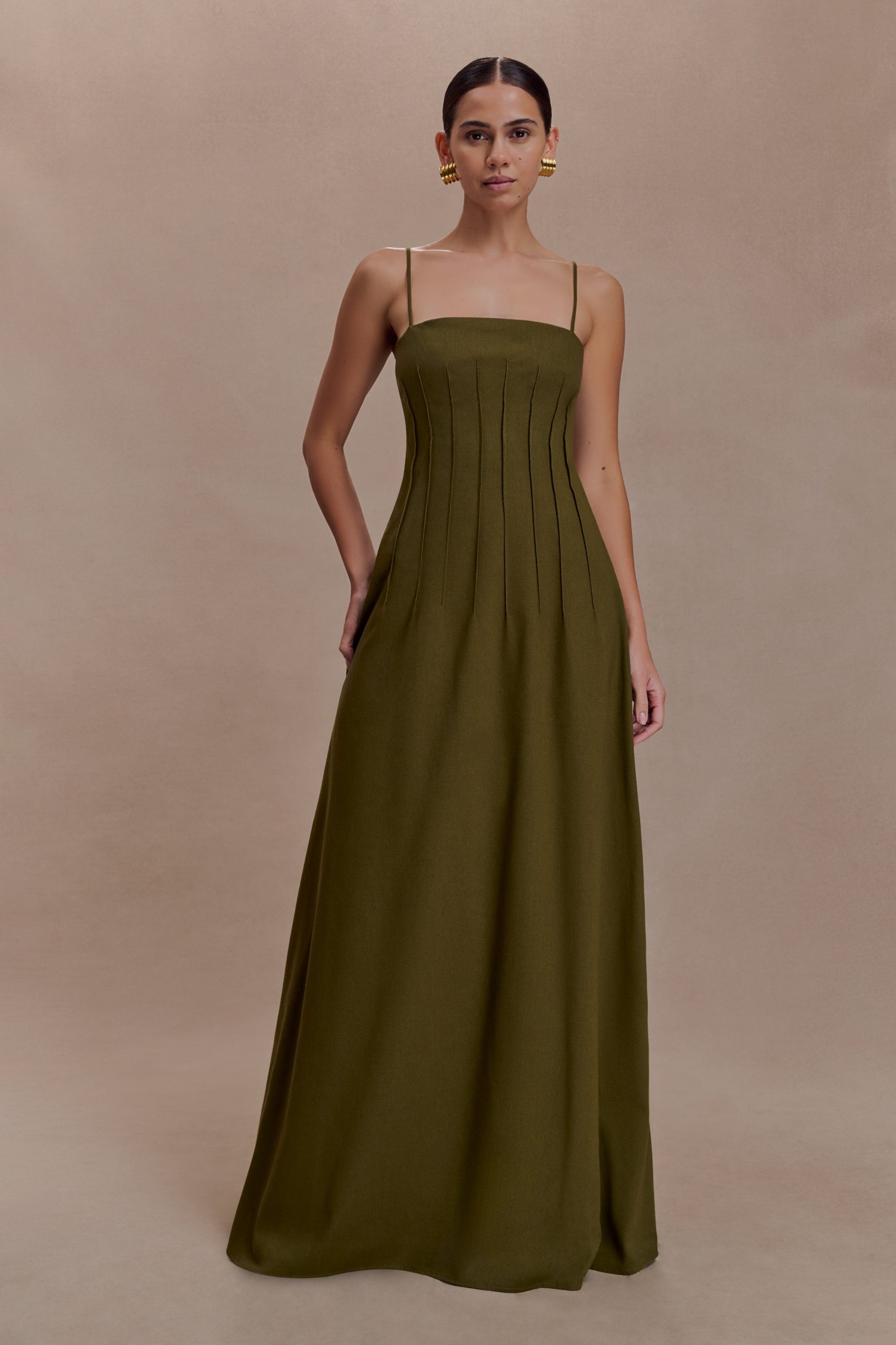 Sofie Pintuck Linen Maxi Dress - Khaki - Image 3