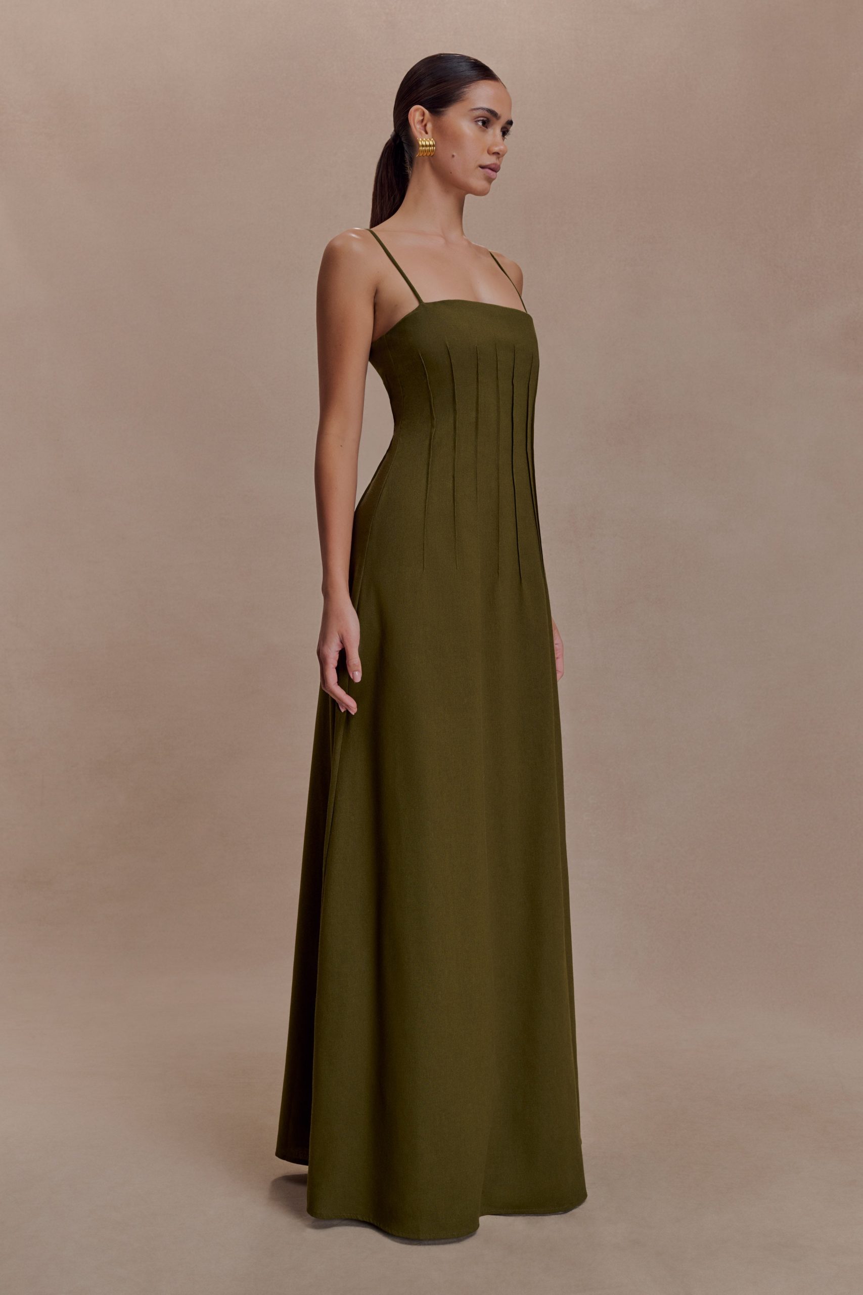 Sofie Pintuck Linen Maxi Dress - Khaki - Image 4