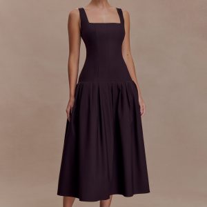 Natascha Drop Waist Cotton Midi Dress - Chocolate