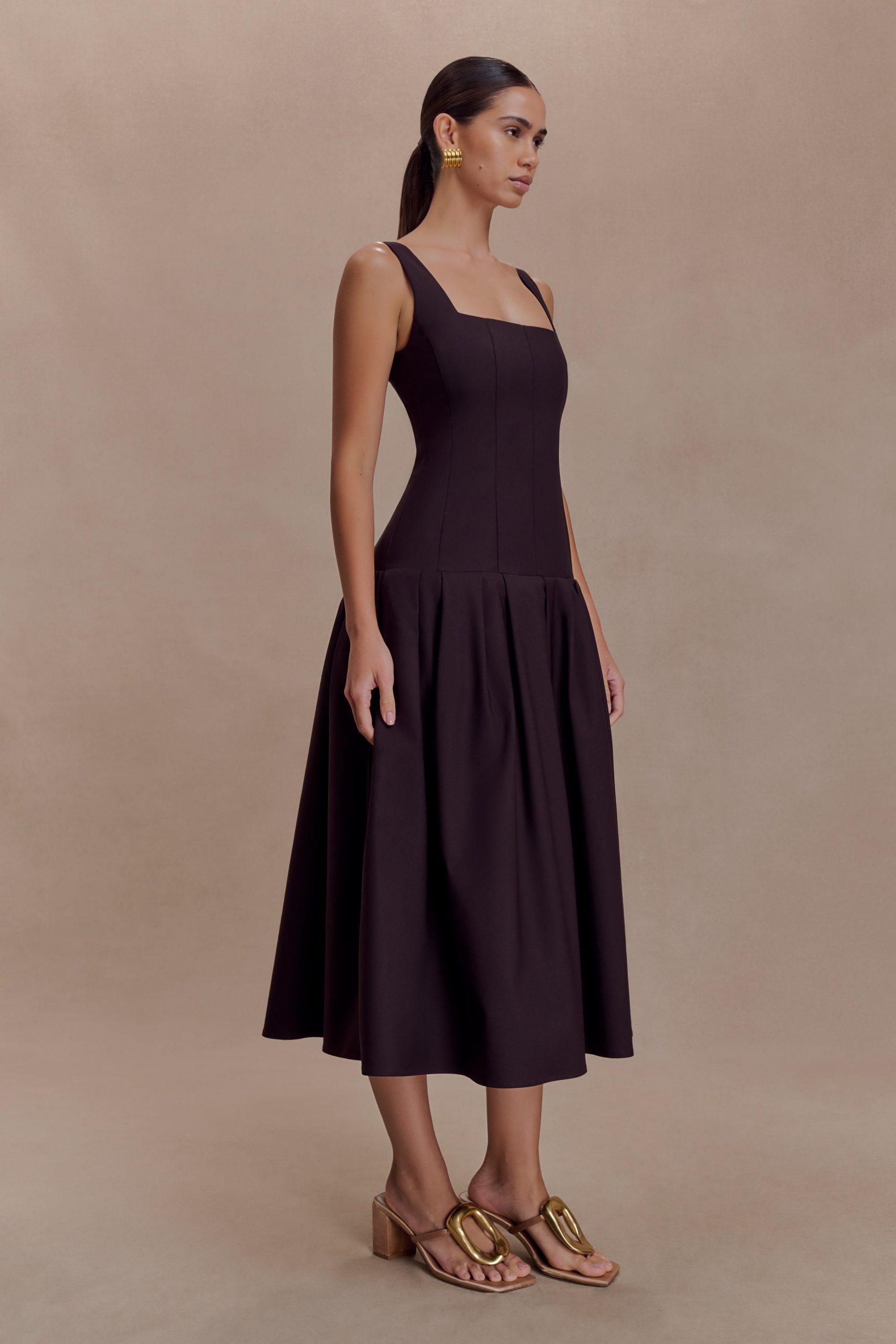 Natascha Drop Waist Cotton Midi Dress - Chocolate - Image 4