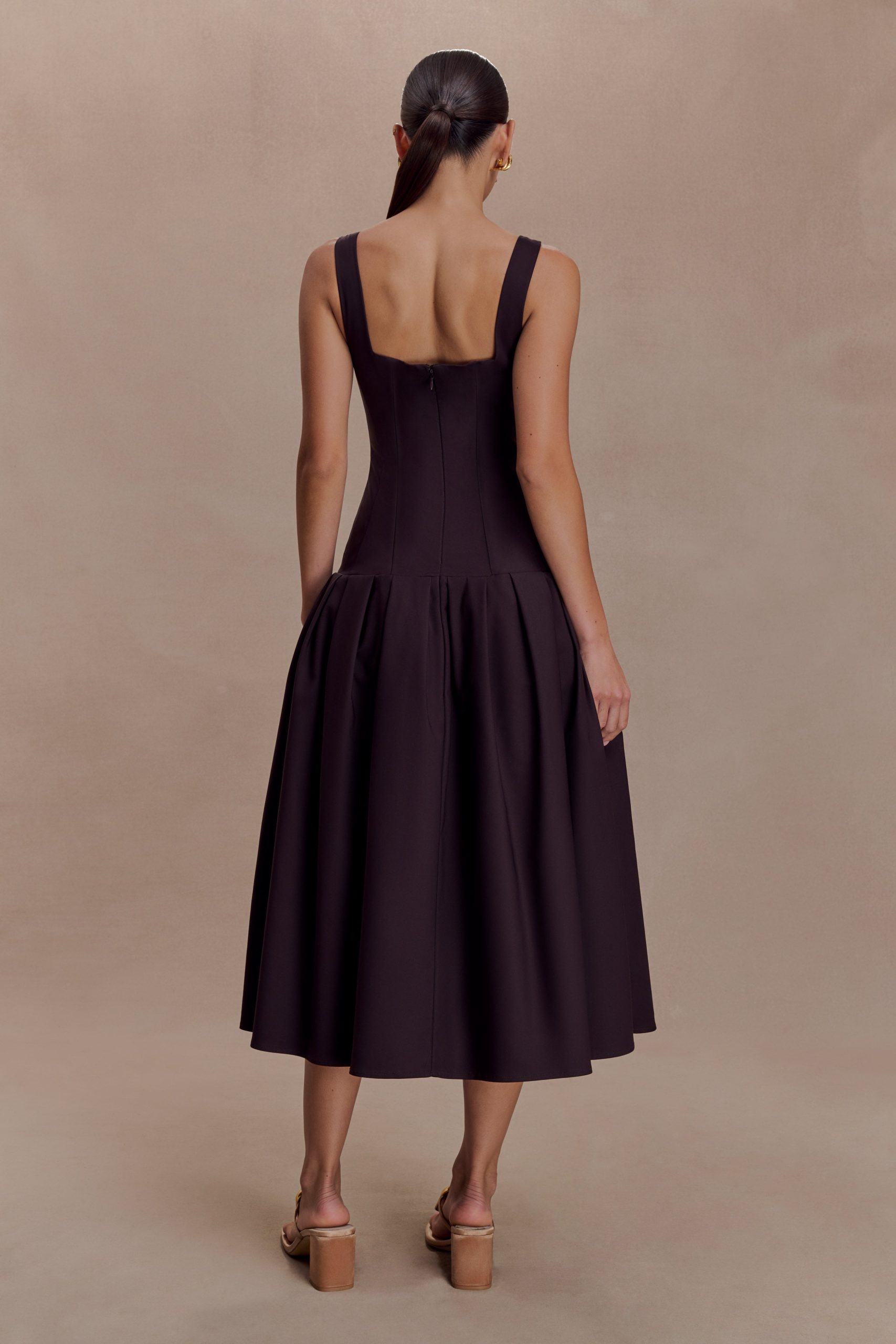 Natascha Drop Waist Cotton Midi Dress - Chocolate - Image 2