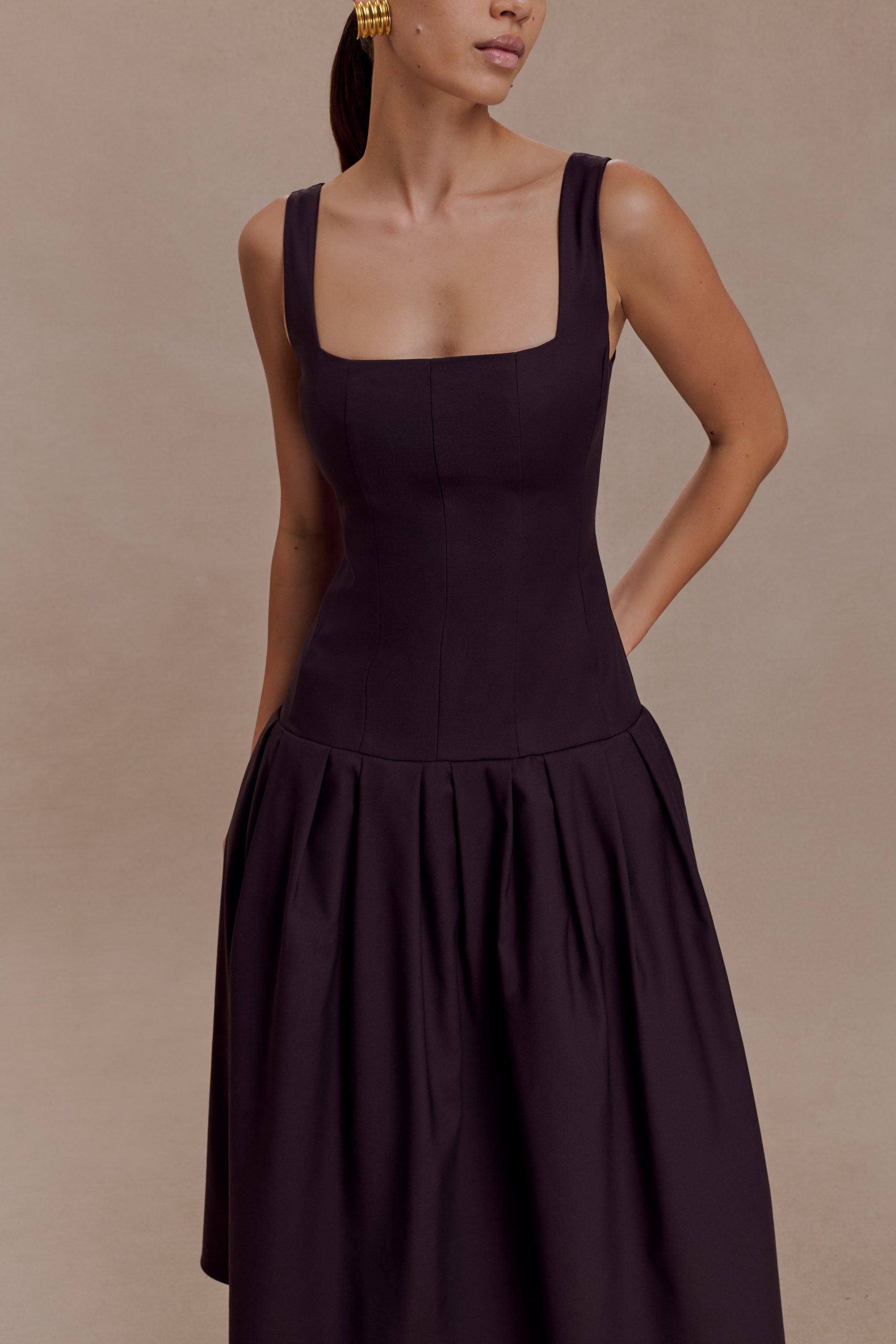 Natascha Drop Waist Cotton Midi Dress - Chocolate - Image 3