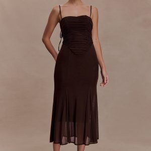 Willa Gathered Mesh Midi Dress - Chocolate