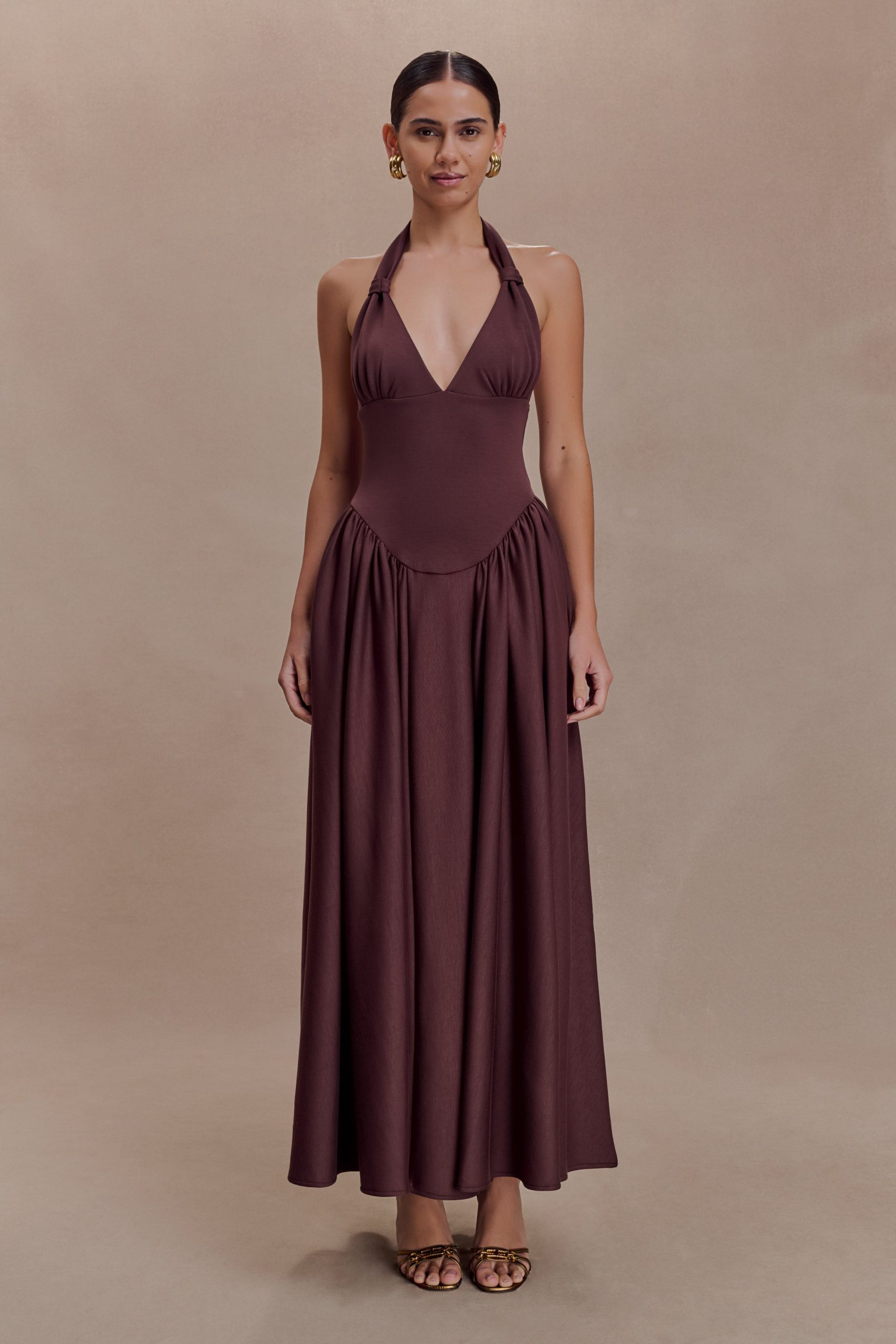 Angelina Scuba Halter Midi Dress - Chocolate - Image 2