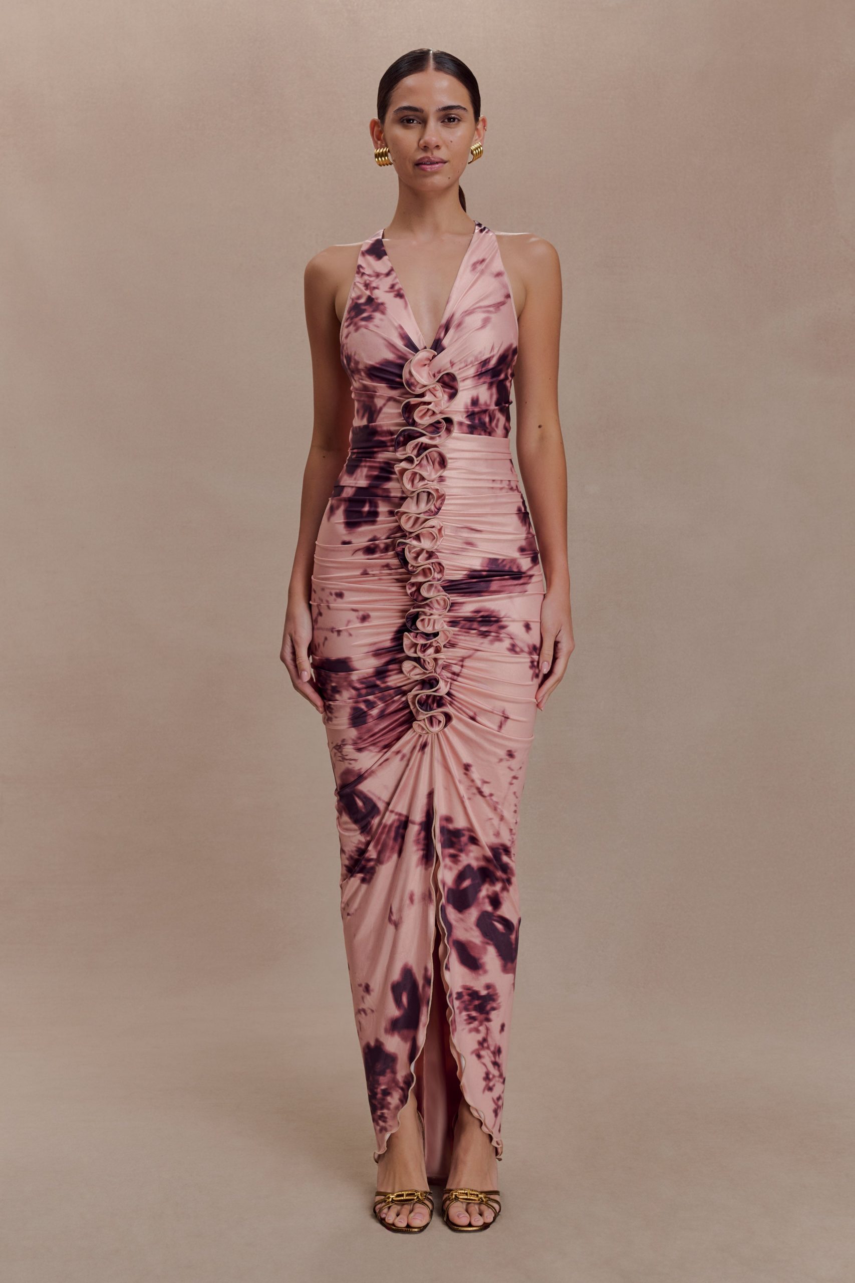 Alessandra Slinky Ruffle Maxi Dress - Pink Blurred Floral Print - Image 2