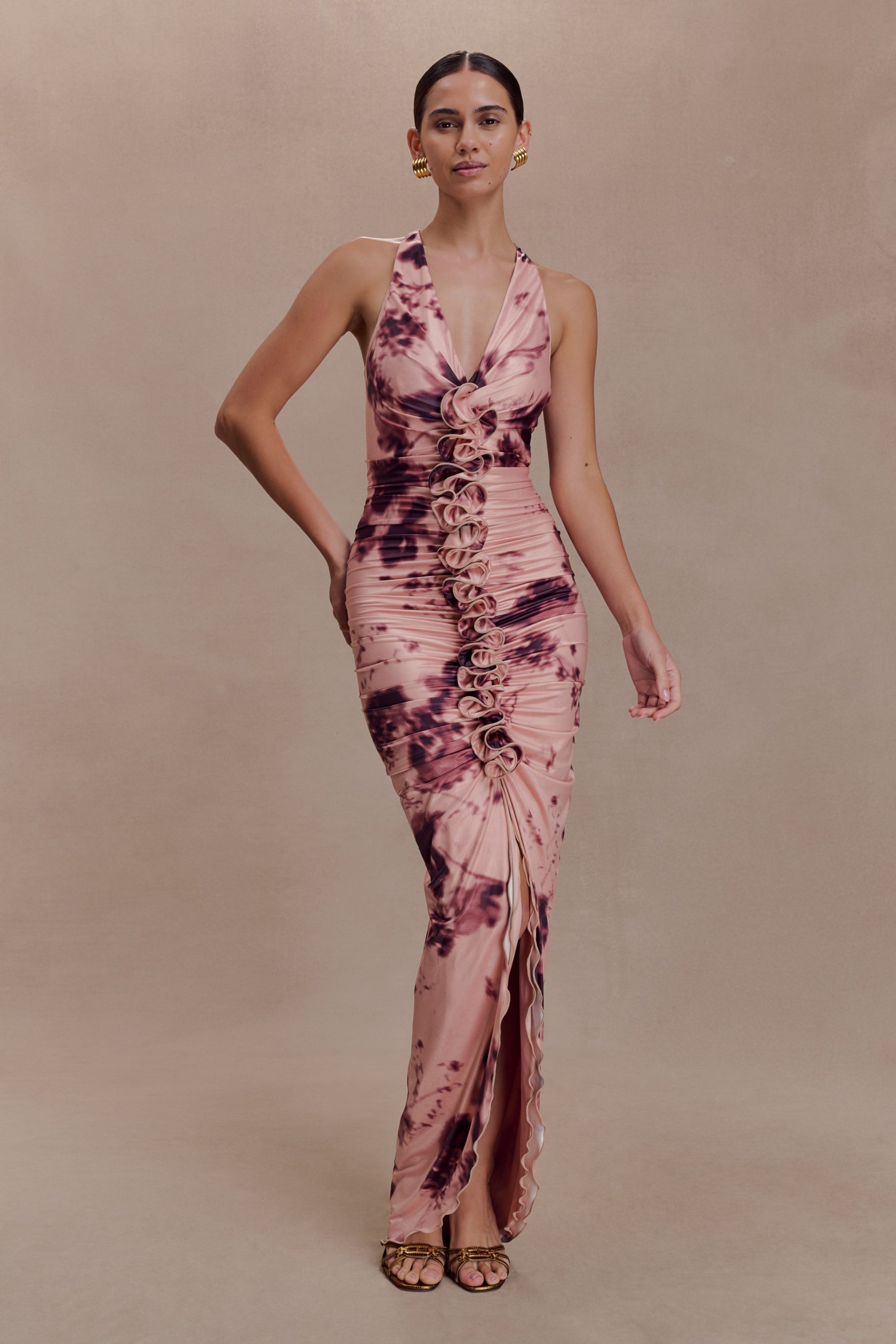Alessandra Slinky Ruffle Maxi Dress - Pink Blurred Floral Print - Image 6