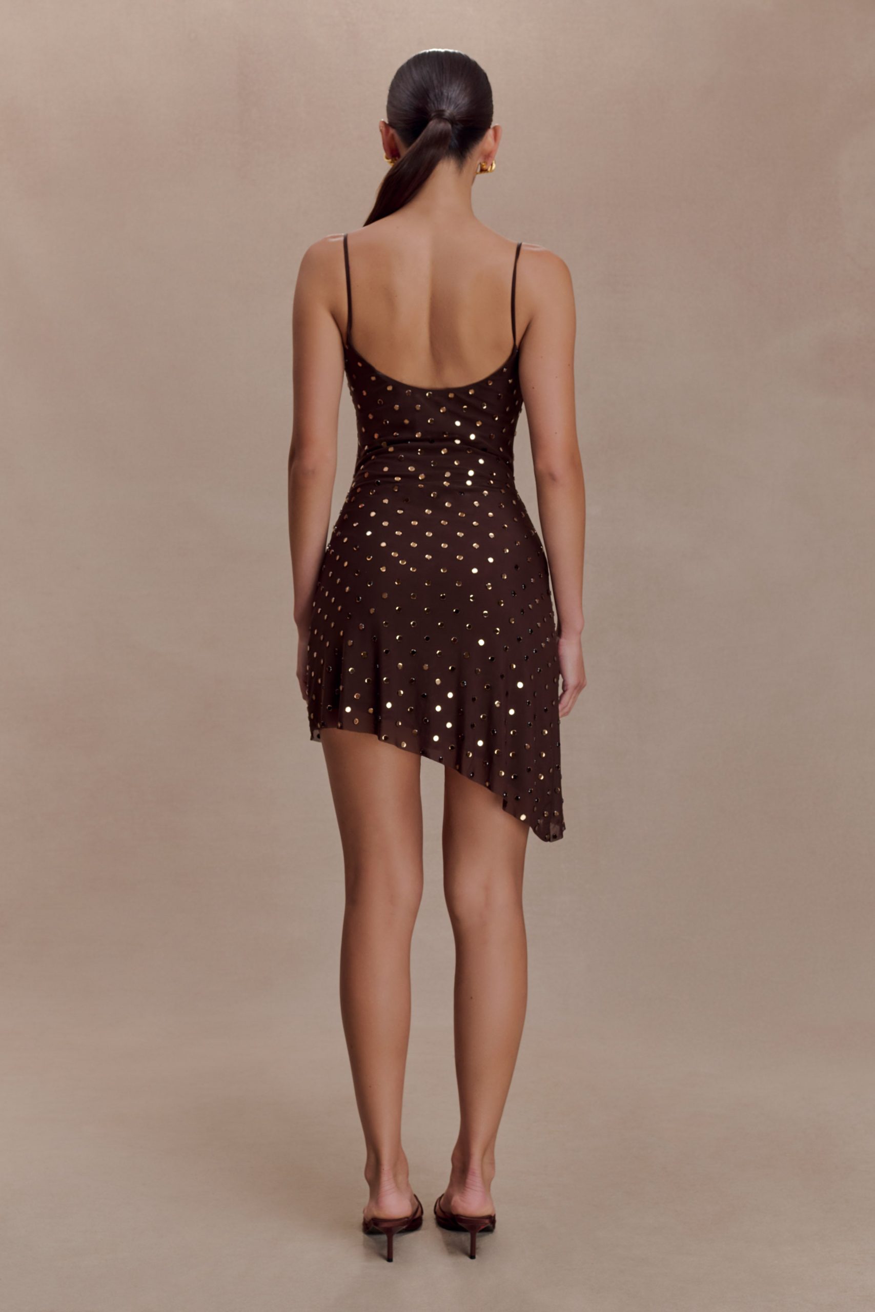 Zahra Diamante Cowl Mini Dress - Chocolate - Image 5
